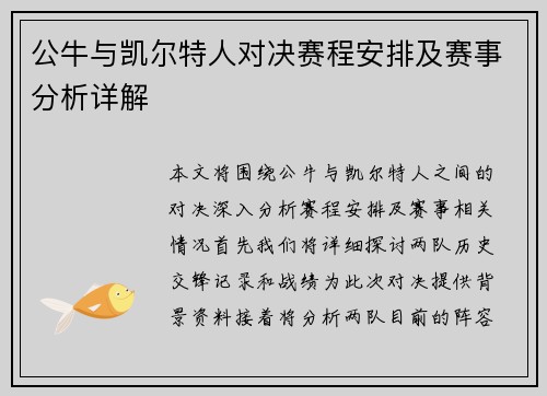公牛与凯尔特人对决赛程安排及赛事分析详解